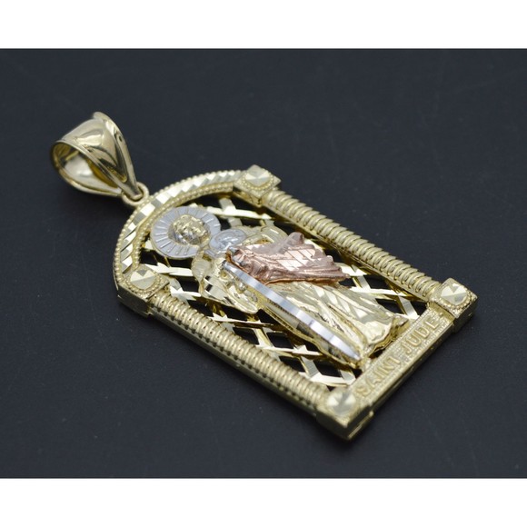 Real Solid 10K Tricolor Gold Saint Jude Medallion Diamond Cut Pendant 9.6gr - Picture 4 of 8